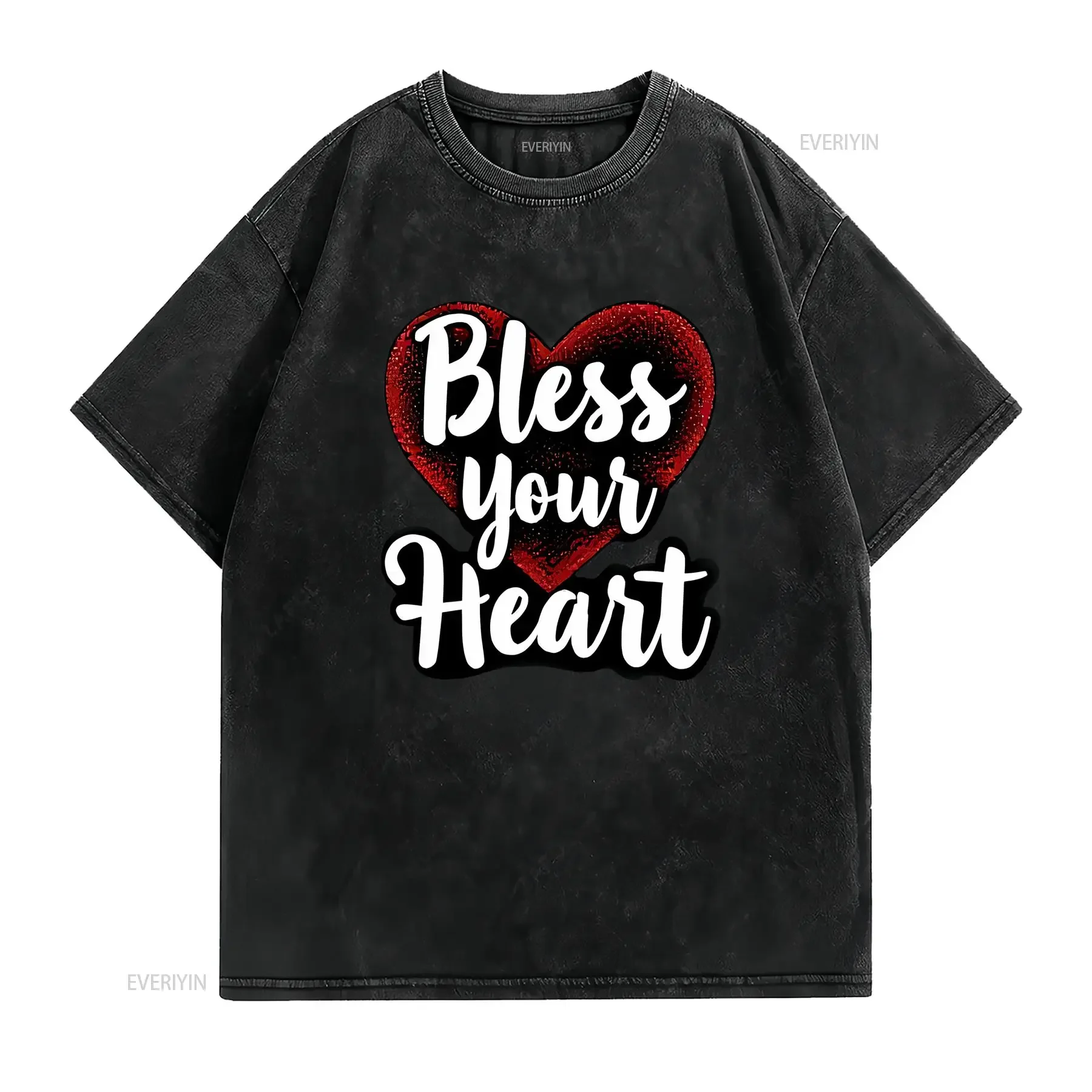 Men's Black T Shirt with Red Glittery Heart Bless Your Script vintage Washed Unisex Stretched fashion designer clothes Slightly