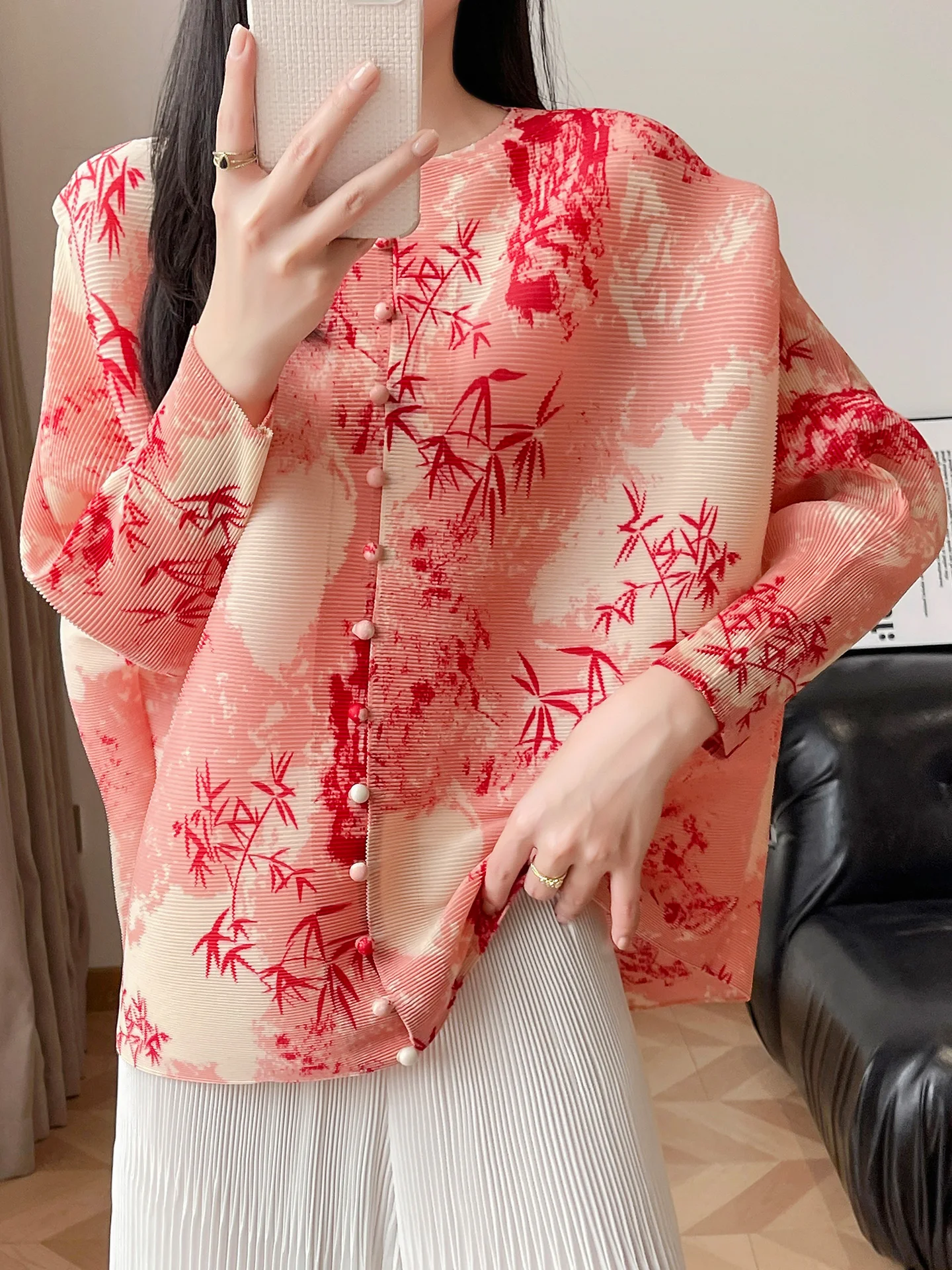 Loose Women's Shirt Casual Style Water-Mark Bamboo Shadow Print Pleated Versatile Slimming Vintage Spring Long Sleeve T-Shirt