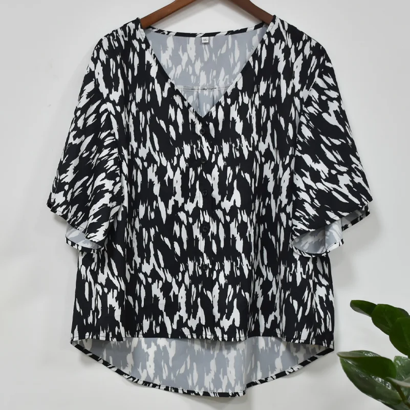 Plus Size Women's Shirt, Spotted Printed Cardigan Button V Neck Top. Casual and Fashionable Summer Clothing image 3