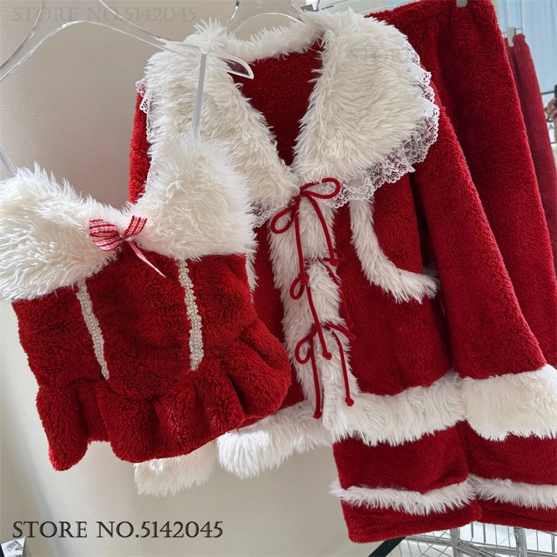 Christmas Female Pajamas Three-Piece Set Gift Santa Claus Cosplay Costume Pijamas Thicken Plush Coral Fleece Homewear Sleepwear