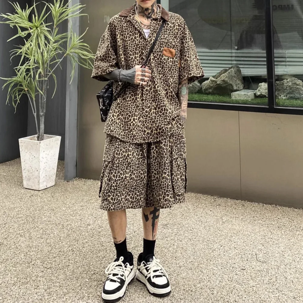 Mens Y2k Two-Piece Suit 2024 Summer New American Street Retro Leopard Print Casual Short-Sleeved Cardigan Shorts Two-Piece Suit