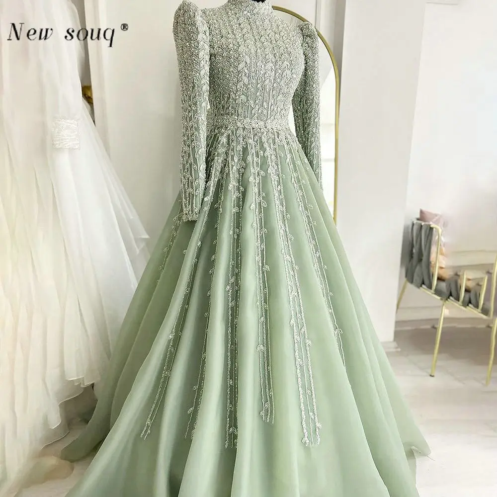 Dubai Arabic Sage Green A Line Beaded Evening Dresses Long Sleeves Muslim High Neck Formal Prom Pageant Gows for Women Weddings