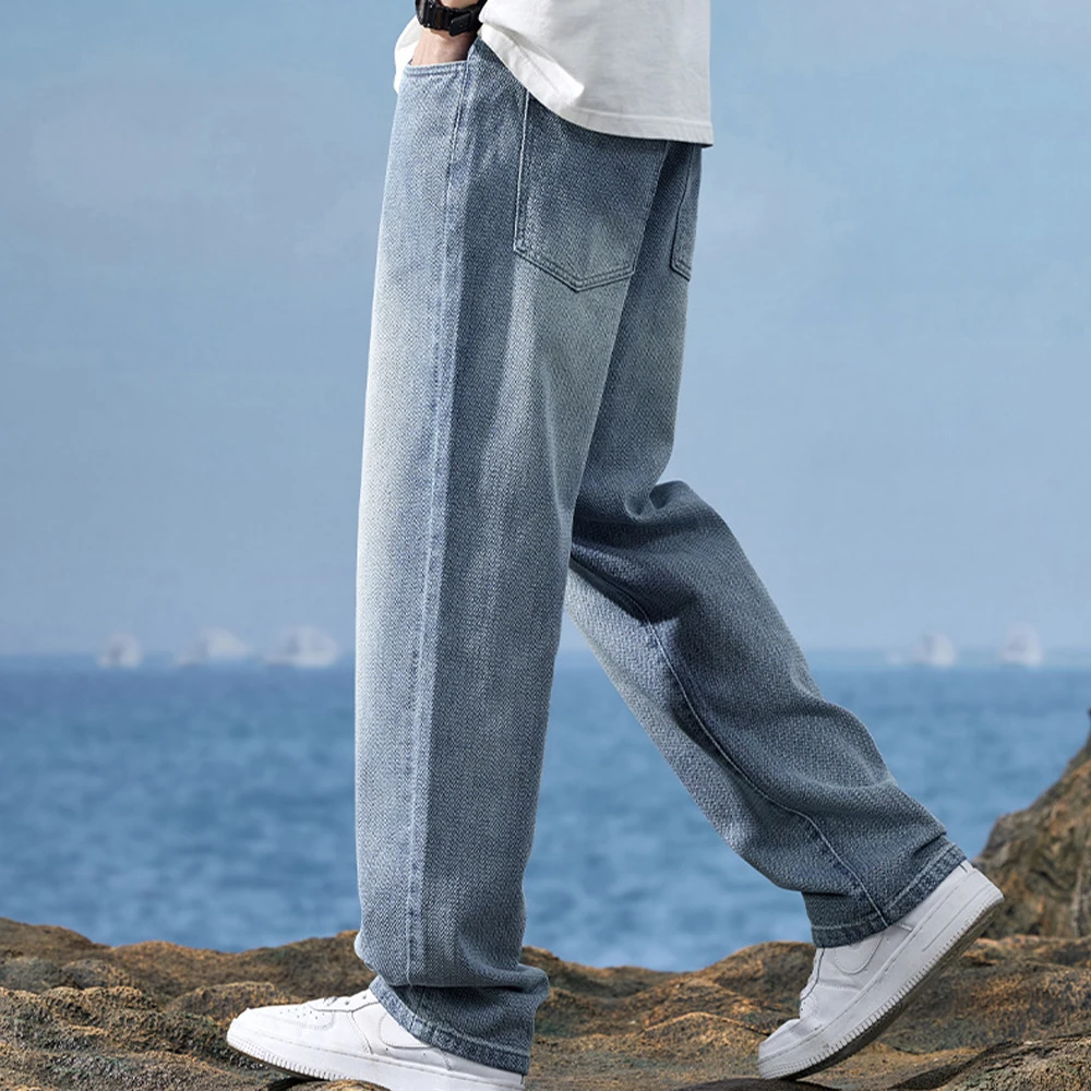 2024 New Autumn Vintage Fashion Straight Jeans Men Loose Wide Leg Pants High Street Casual Denim Trousers Plum Blue Men's Jeans