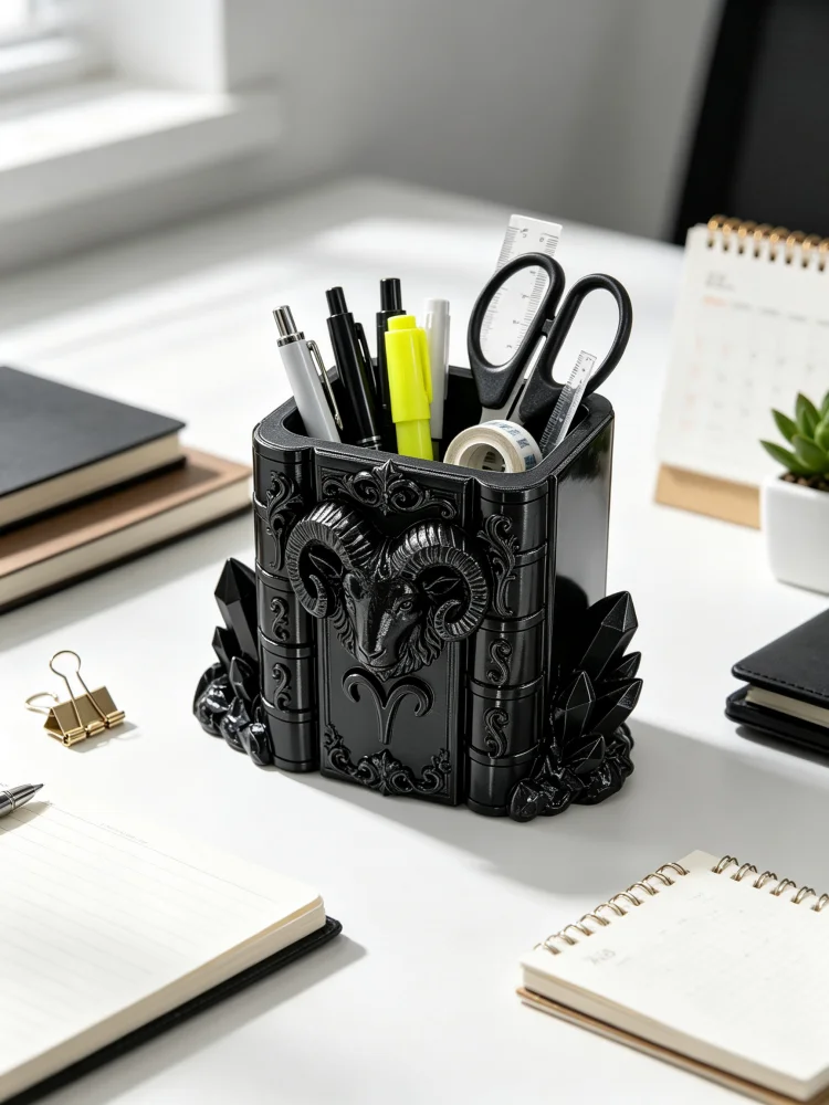 Desktop Pen Holder in the Shape of a Ram's Head, Gothic Retro Book-Shaped Pen Cup, Mysterious Crystal Engraved Pattern, Aries Constellation Desktop Ornament, Made of Durable Petg Matte Black Material, Large Capacity Desktop Organizer, Stable Base, Multifunctional Desktop Storage Box, Holds Fountain Pens, Pencils, Markers, Stamps, Suitable for Study Rooms, Office Desks, Student Desks, Dark Academia Style Decoration, Cool Desktop Gadgets