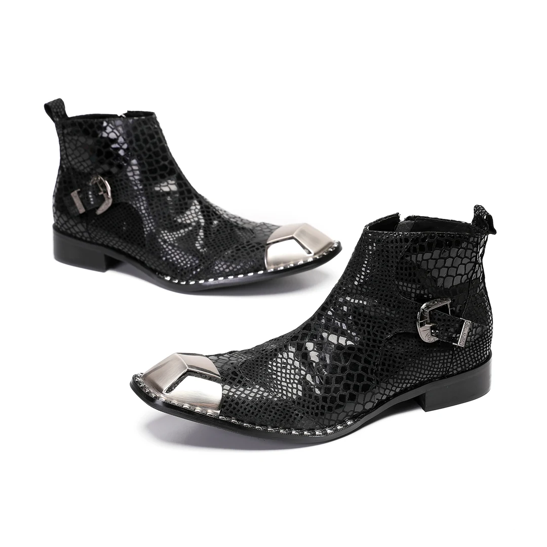 

Fashion Men Buckle Genuine Leather Motorcycle Short Boots Black Square Toe Party Ankle Boots Male Big Size Business Shoes Botas