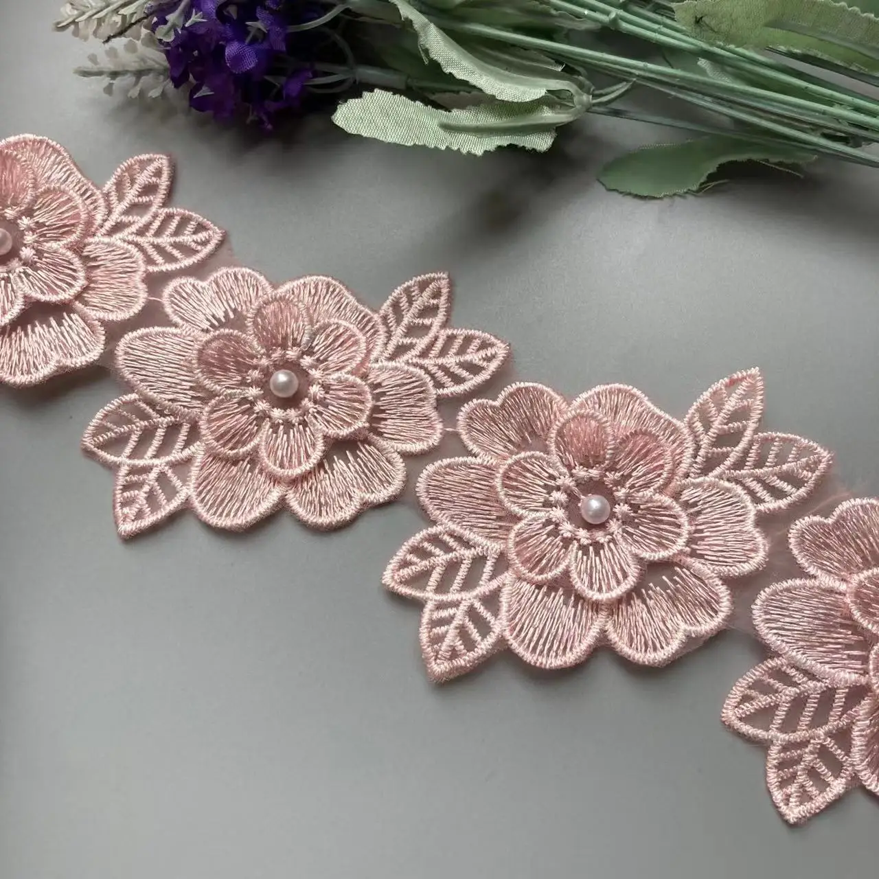 1 yard Vintage Pink Polyester Pearl Flower Embroidered Lace Trim Ribbon Fabric Handmade DIY Garment Wedding Dress Sewing Craft