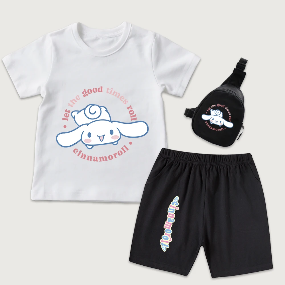 

Детский комплект из 3 предметов: футболка с принтом Cinnamoroll Let the Good Times Roll, шорты и мини-сумка на грудь, для мальчиков и девочек, повседневный наряд