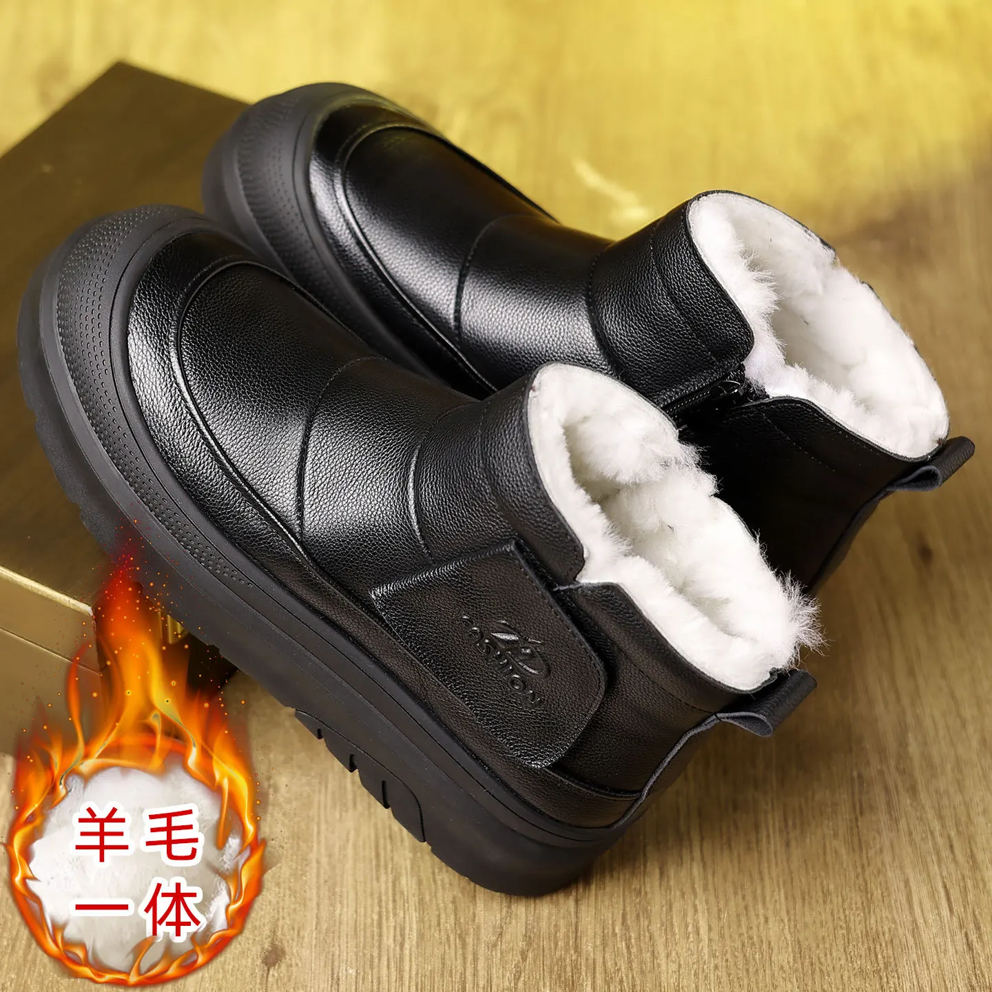New First-layer Cowhide Men's Outdoor Snow Boots Genuine Leather Fashionable Wool Cotton Shoes Side Zipper Slip-on Cotton Boots