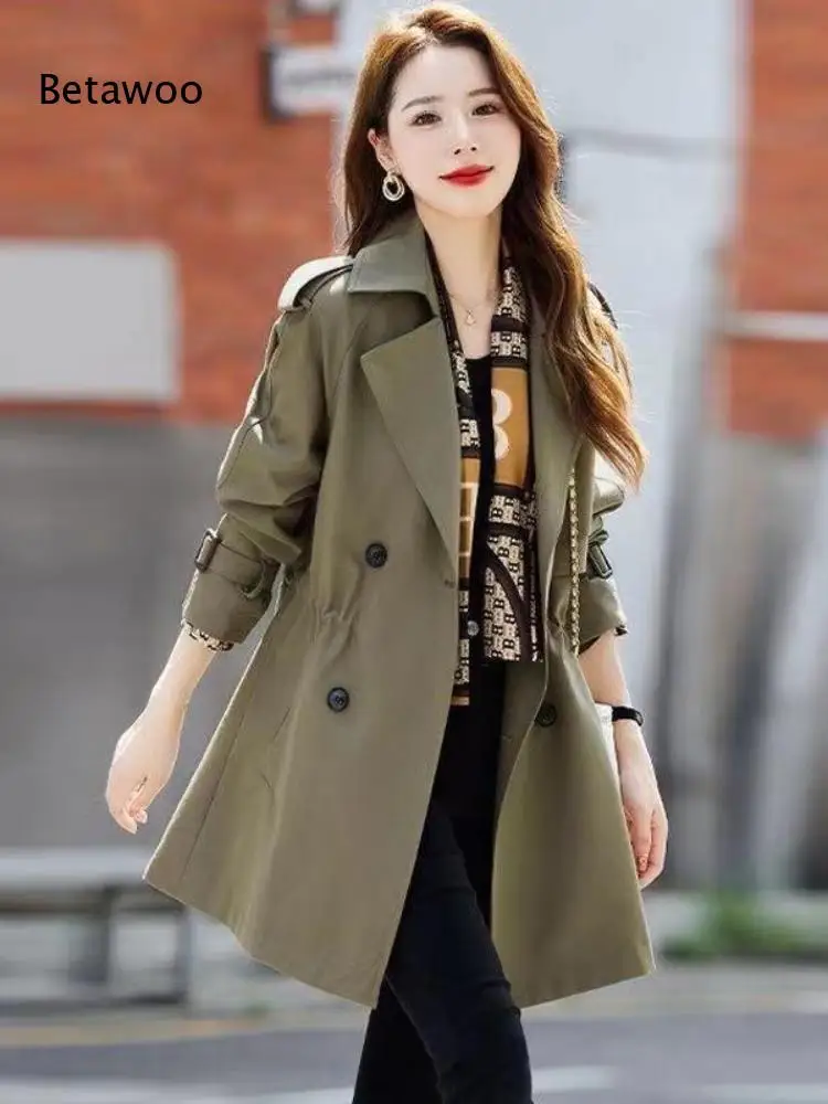 Women Lapel Double Breasted Trench Coat Waist Drawstring Adjustable Belt Cuff Strap Mid Length Loose Casual Windbreaker