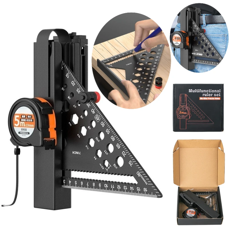 7 Inch Rafter Square with Square Holder Square Master Holster for Tool Belt Woodworking Pencil and Tape Measure Carpenter