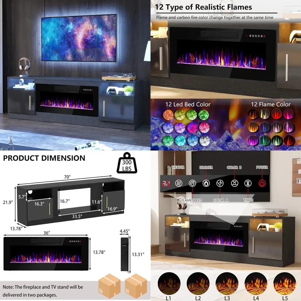 مركز ترفيه بإضاءة LED لأجهزة التلفاز حتى 80 مع جهاز تحكم عن بعد وميزة الموقد، ووحدة تحكم وسائط تلفزيون كبيرة #1