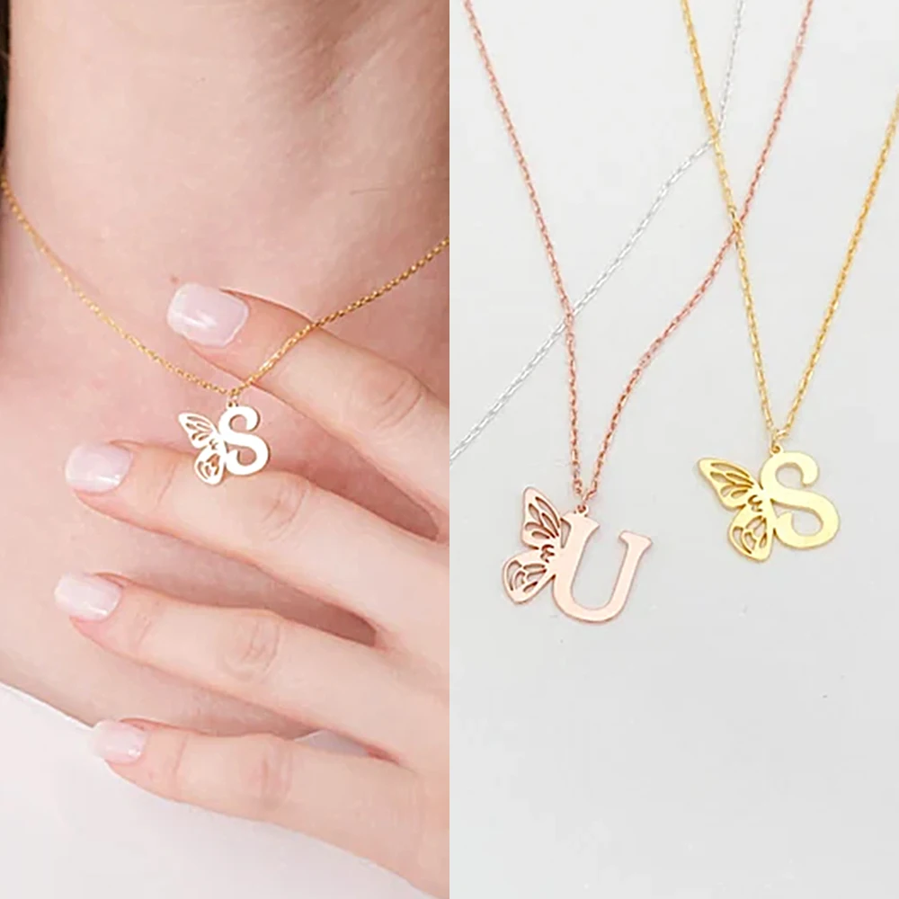 

Custom Initials Name Necklaces Gold Color Stainless Steel Butterfly Necklaces Personalized Jewelry Chain Chain for Women Gift