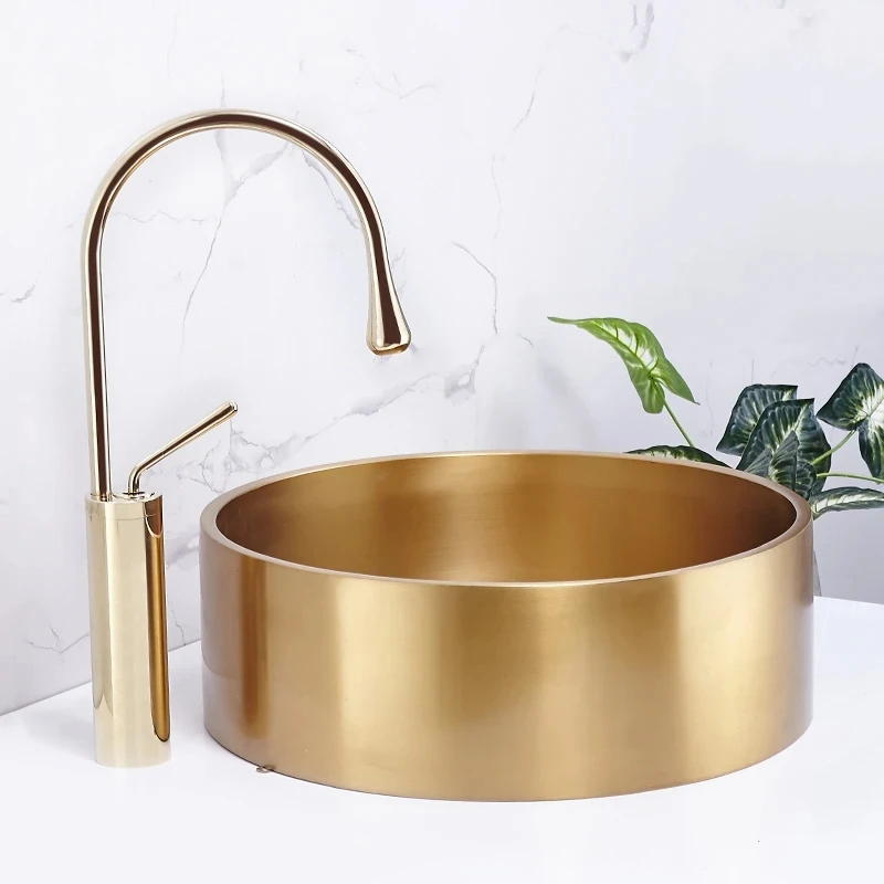 

304 Stainless Steel Wash Basin Round Counter Villa Art Sink Bowl Small Size Gold Bathroom Sink YX678TB