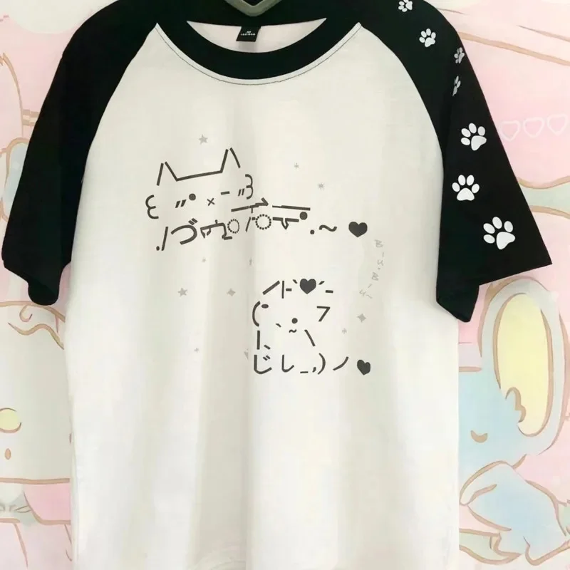 

Ins Printed Symbol Cat Tops&Tees Summer Female Japan Raglan Sleeves Casual Cute Patchwork T-shirt Short Sleeved Loose Tee New