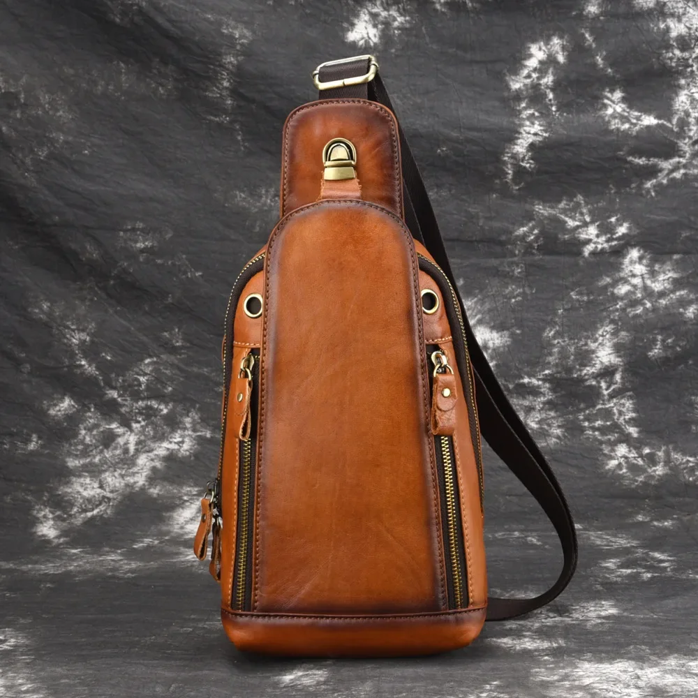 Genuine Leather Sling Rucksack Backpack Travel Knapsack Natural Skin High Quality Retro Men Shoulder Cross body Chest Bags