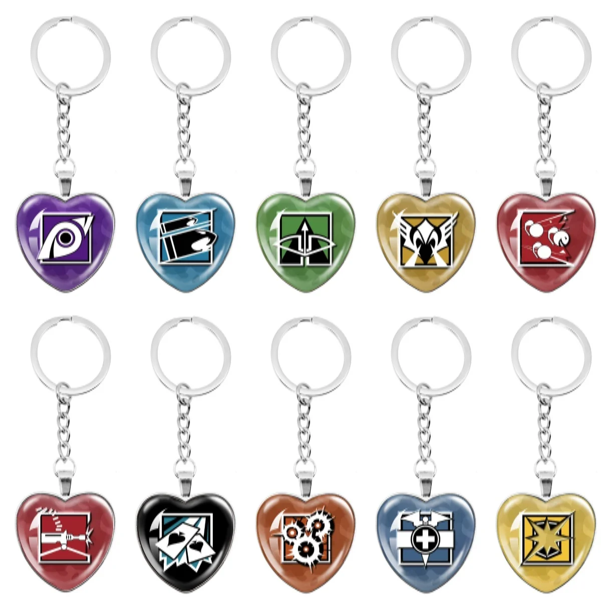 Rainbow Game Six Siege Heart-Shaped Keychain Skill Icon Pattern Metal Glass Pendant  Keychain Charm Jewelry Fans Gifts