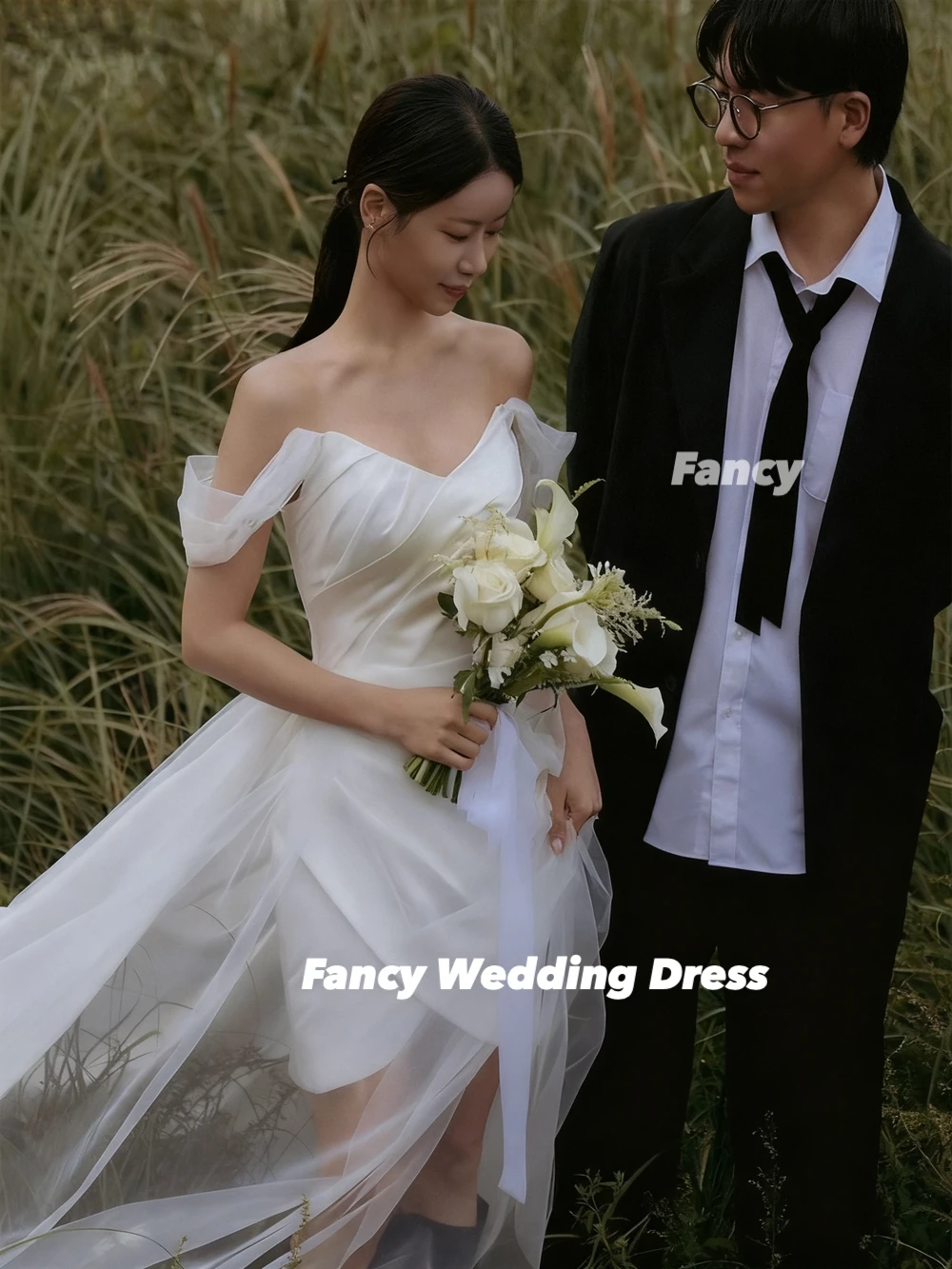 Fancy Customized Off Shoulder Korea Wedding Dress A Line Soft Satin Evening Party Dresses Short Sleeve Back Corset 웨딩드레스