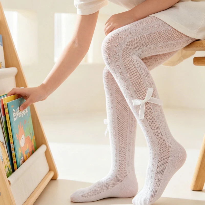 Lovely Kids Hollow Mesh Thin Footed Tights 0-8Y Soft Skin-Friendly Cotton Fabric Ventilated Summer Elastic Toddler Daily Hosiery