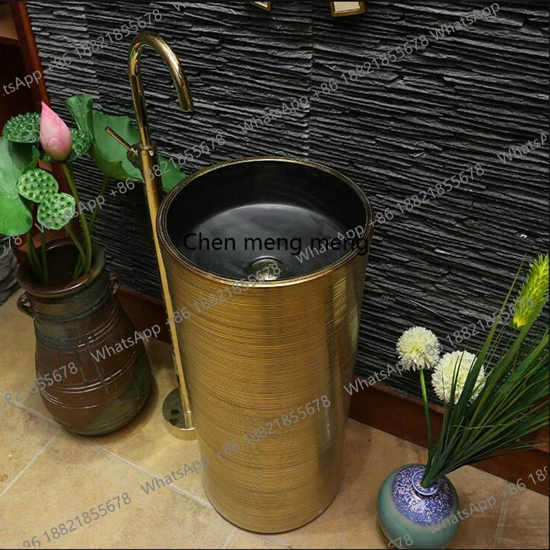 Handmade Artistic Engraved Golden Lines Ceramic Bathroom Integrated Pedestal Sink  Integrated Pedestal Bathroom Sink