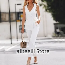 Women's Suit Two-piece Suit Fashion Lapel Solid Color Sleeveless Vest Top Handsome Double-breasted Sexy V Slim Fit for Casual