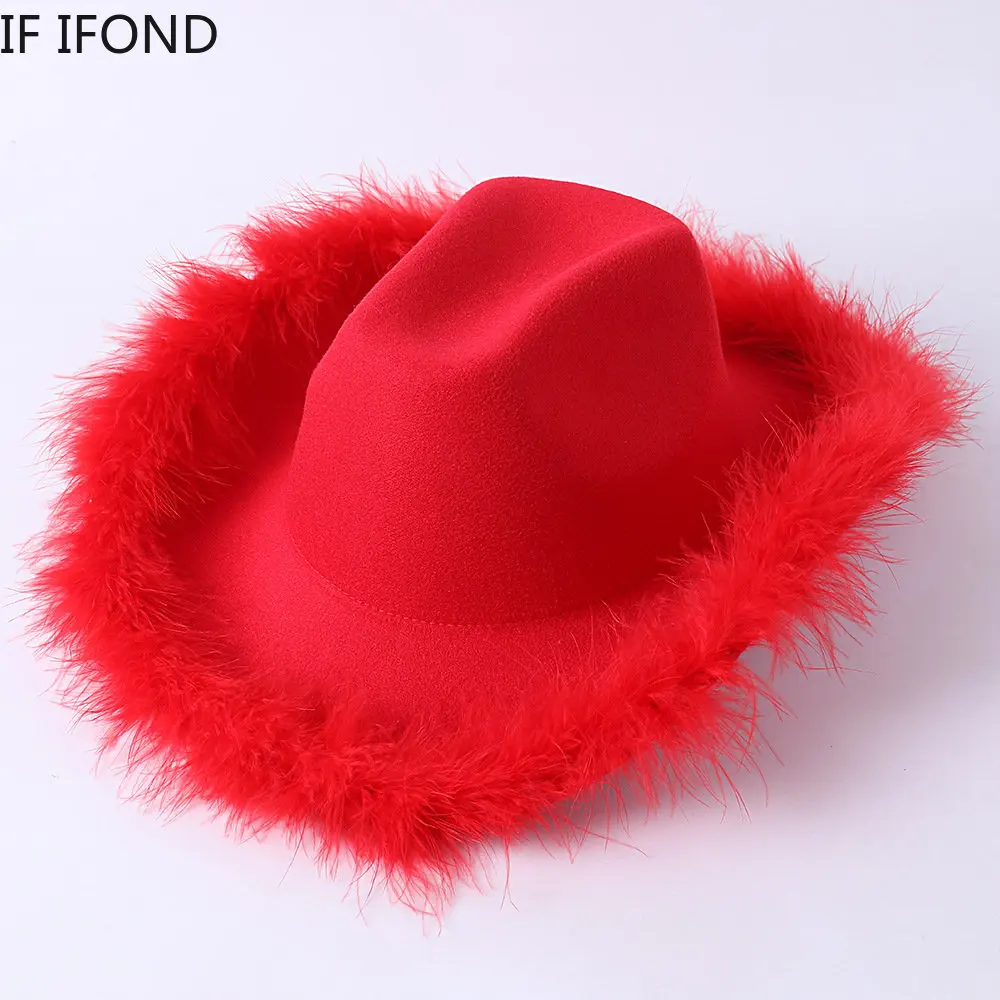 

Fashion Cowgirl Hat Fluffy Feather Western Cowboy Hat for Christmas Festival Bachelorette Party Carnival Cosplay Dress Cap