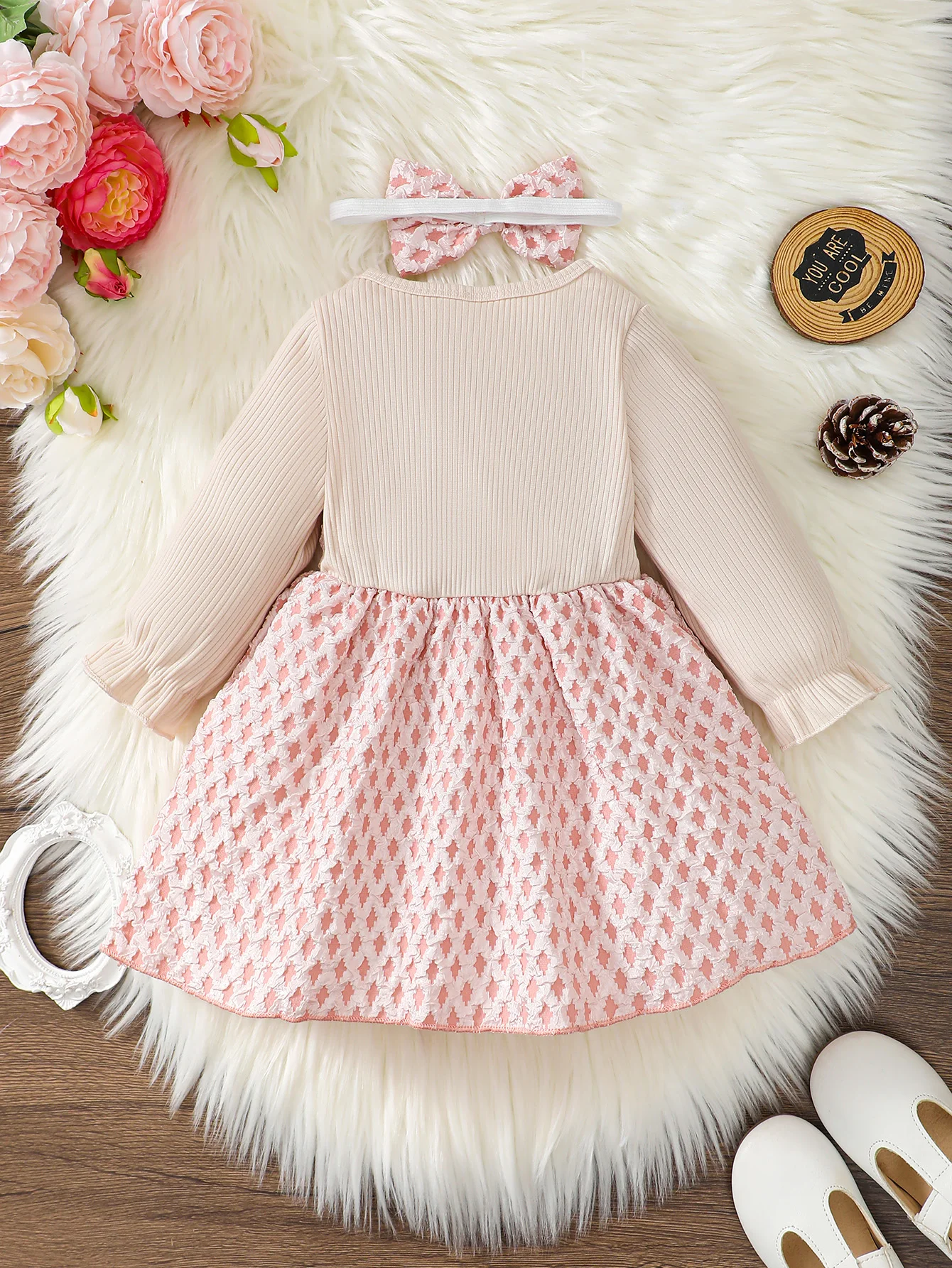 2PCS Infant Girl Party Dress Long Sleeved Fake Two Piece Bow Princess Dress+Headband Autumn&Winter Daily Wear Baby Girl 0-3Years