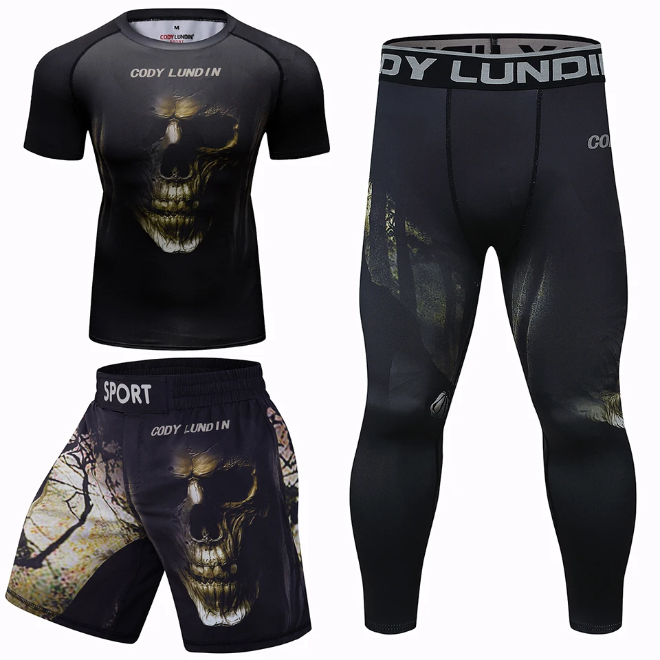 Cody kompresyjne T-shirty MMA + spodnie spodenki Muay Thai mężczyzn jiu jitsu BJJ Rashguard dres Fitness koszulki bokserskie kombinezon sportowy