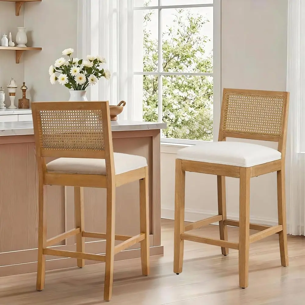 

Набор из 2 барных стульев из ротанга, высота 28 дюймов, с льняными подушками, подходят для кухонного острова или барной стойки высотой 36-40 дюймов, бежевый цвет.