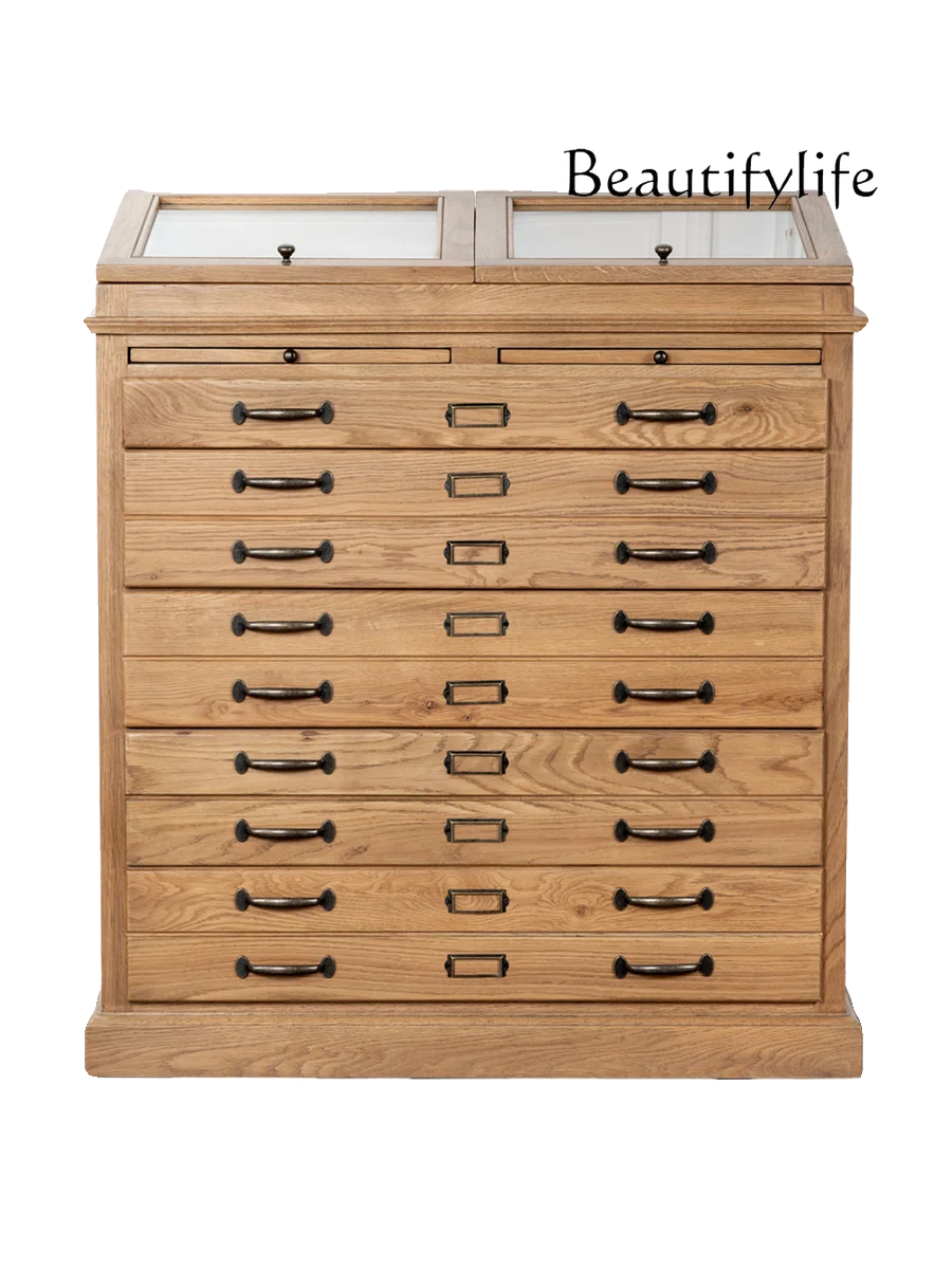 

American solid wood cloakroom jewelry storage cabinet retro oak yellow display cabinet multi-drawer chest cabinet