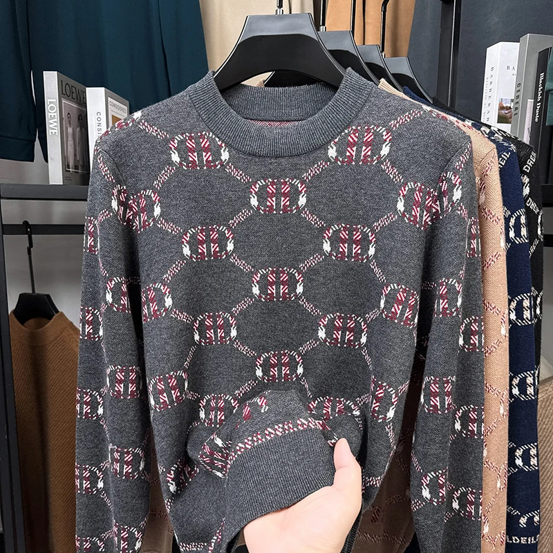

2025 Luxury Goods, High-end Fashion, Printed Round Neck Long Sleeved Knitted Wool Sweater, Hoodie, Base Sweater, Men's Clothing