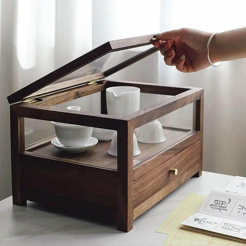 خزانة عرض تخزين المجوهرات، زجاج صيني جديد، خشب الجوز الصلب، صندوق تخزين مكتبي شفاف مغطى بشاشة أمريكا الشمالية