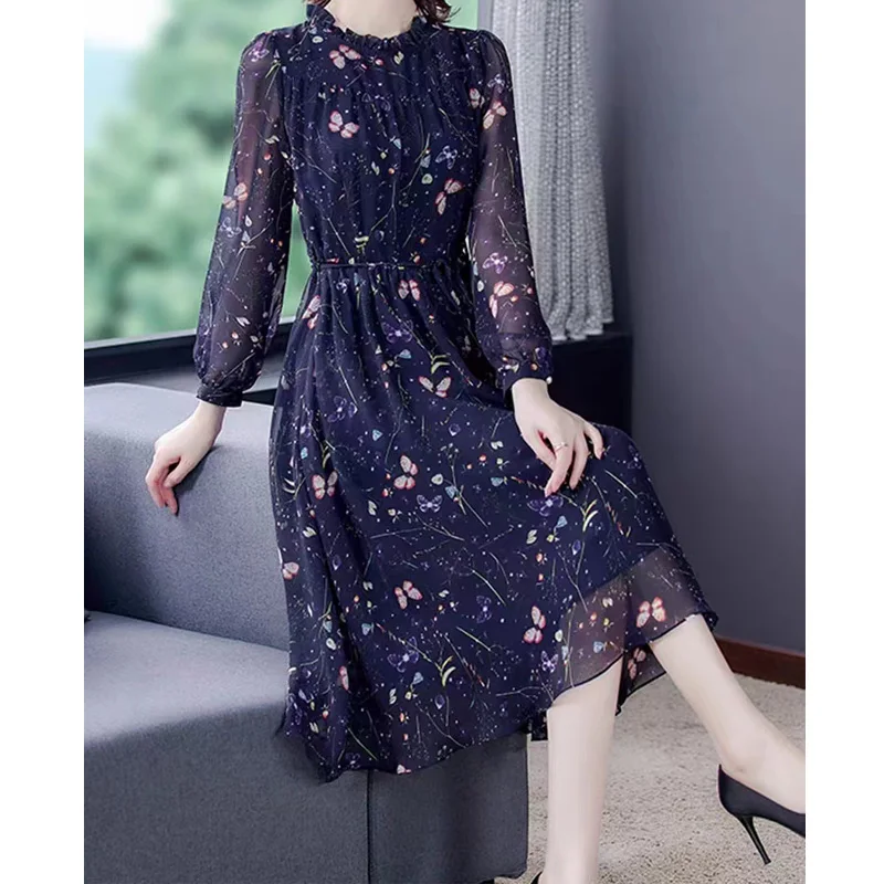 EVNISI Women Elegant Floral Printing Pink Dress Casual Long Sleeved Slim A-line Dresses Women Office Vestido Spring Summer 2024