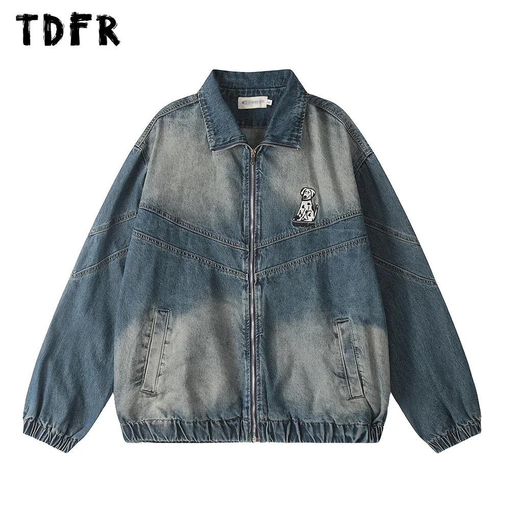 

Puppy Embroidery Denim Jacket Mens Washed Distressed Spliced Retro Streetwear Loose Lapel Zipper Fly Outerwear Men