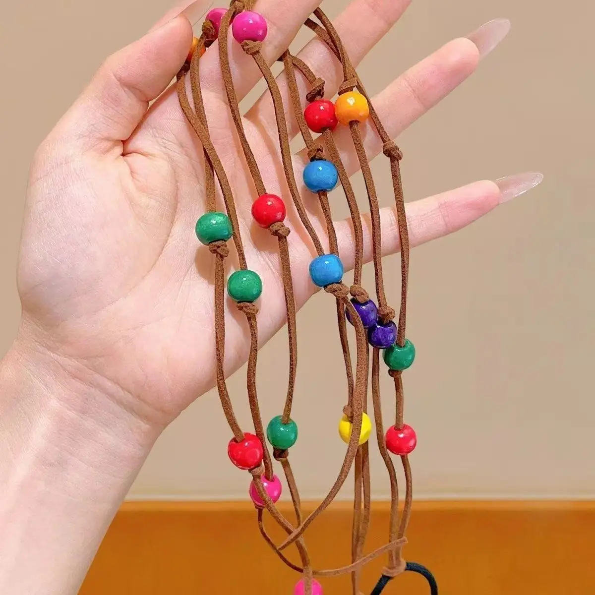 1/2/4Pcs Colorful Wood Beaded Braiding Hair Ropes Women Girls Boho Style Leather Rope Elastic Hair Tie Ethnic Hair Accessories