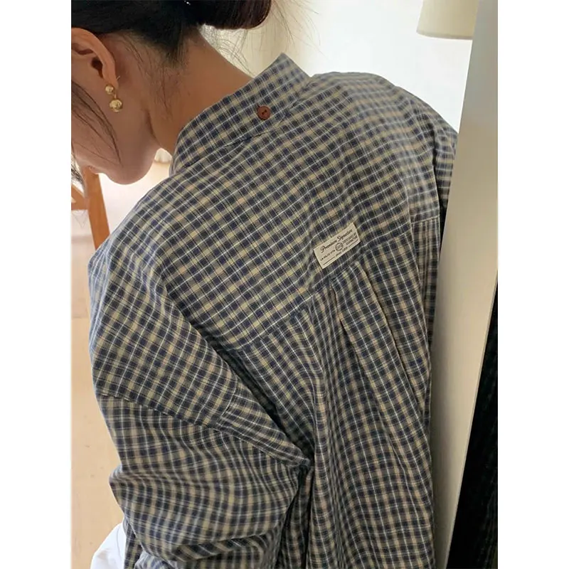 

Selfwill Vintage Plaid Casual irt Women's Loose Fit Turn-down Collar Ba Label Autumn Faion Breathable Long Sve irt