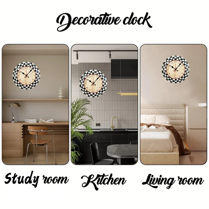 Runde, geräuschlose hängende Wanduhr aus Holz mit schwarzem und weißem Gitter, geeignet für Wohnzimmer, Büro, Arbeitszimmer, Schlafzimmer, Heimdekoration – Detail 5