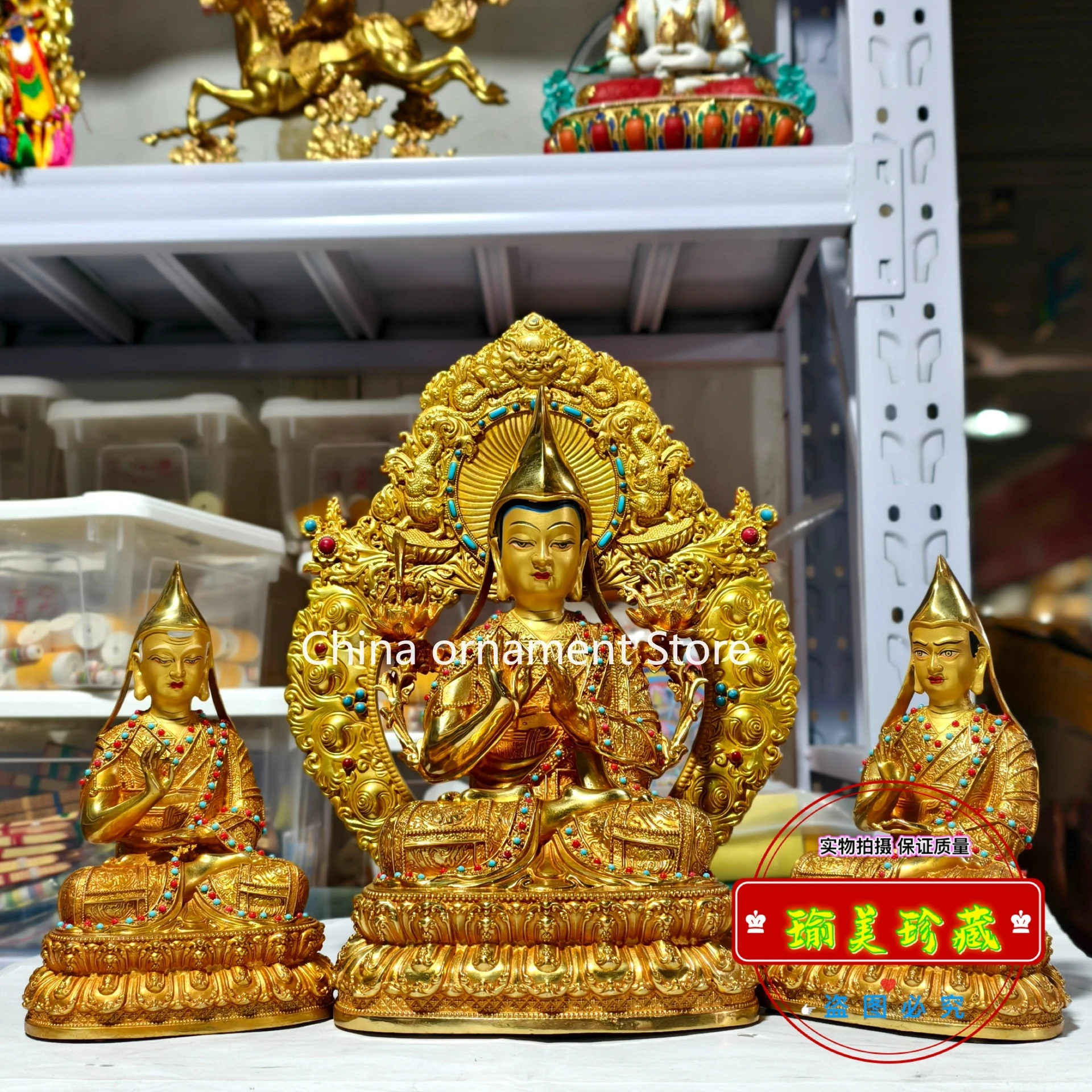 Xizang Zongkhapa master and apprentice three boutique gilt Buddha statues ten inch pure copper Zongkhapa master belt backlit wit