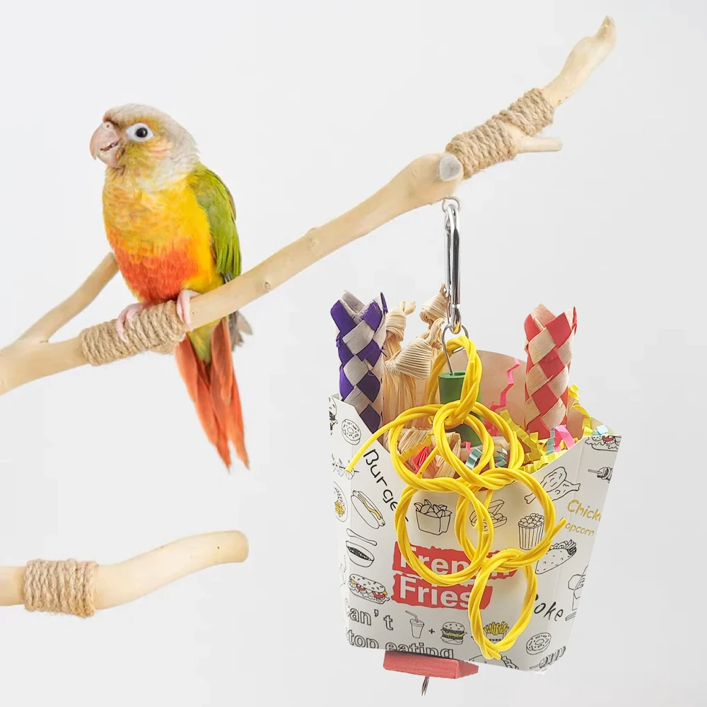 1pc Cute Colorful Bird Bite Chew Toys Fast Food Box Shape Shredded Paper Hanging Toys for Pet Bird Parrot Cage Bite Accessories