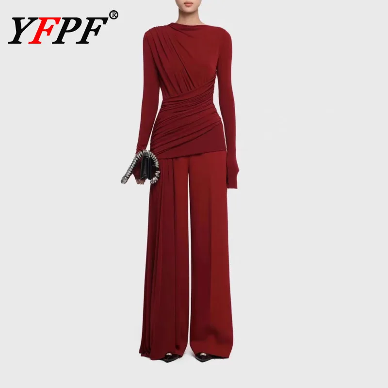 

YFPF однотонный комплект из 2 предметов, женские темпераментные топы с нерегулярными складками, широкие брюки, длинные брюки, элегантные весенние новинки 2026 г.