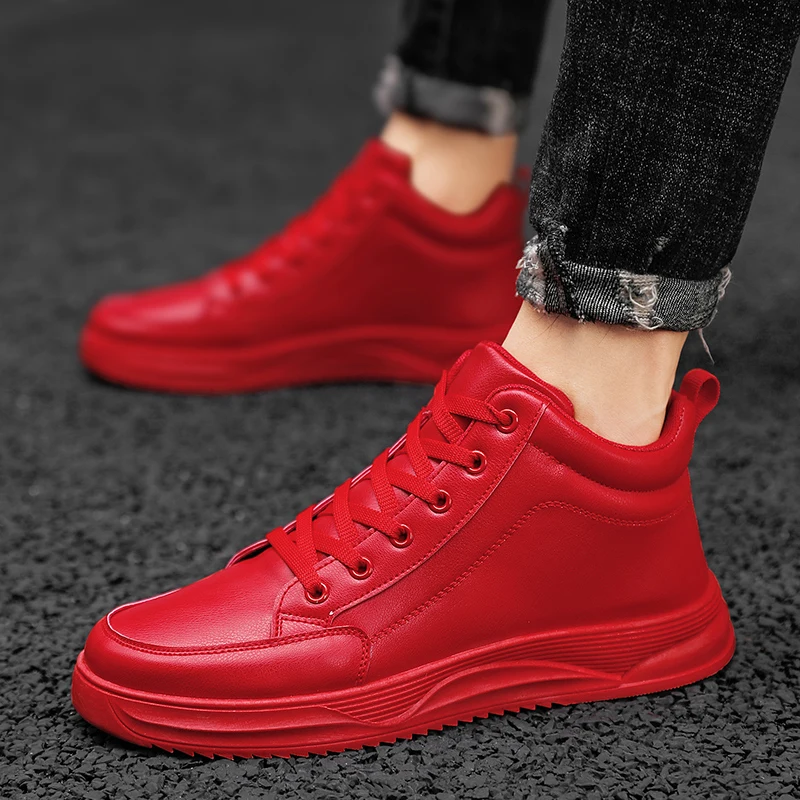 Autumn White Leather Sneakers For Men Fashion Platform Sneakers Men\'s Red Shoe Comfortable Plush Warm Unisex High Top Sneakers