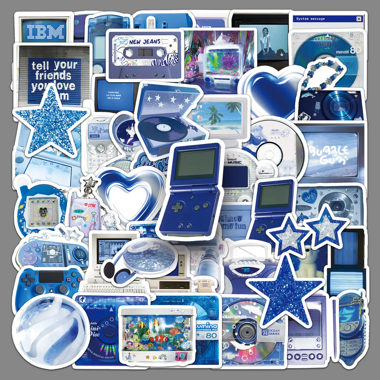 50 vintage and nostalgic Y2K digital stickers, blue themed personalized notebook DIY graffiti notebook tent stickers