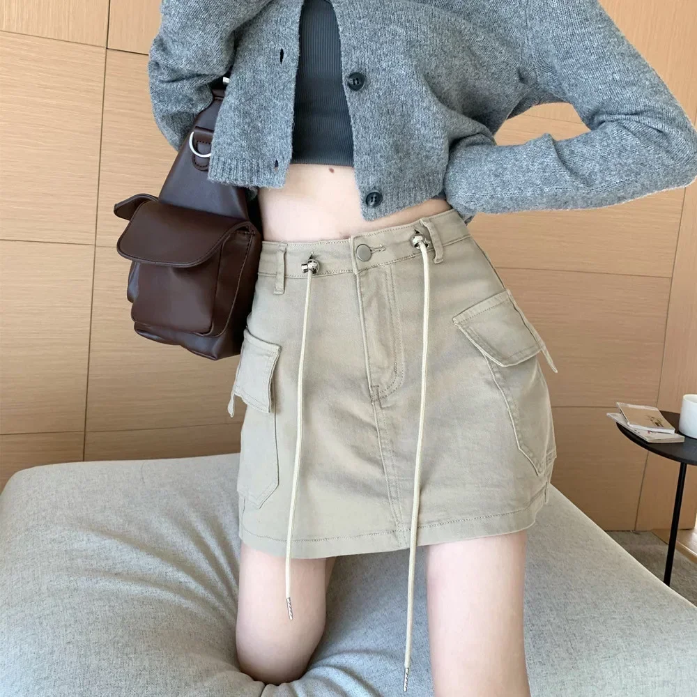 American retro design tooling denim skirt women's summer new drawstring high waist a word short skirt tide