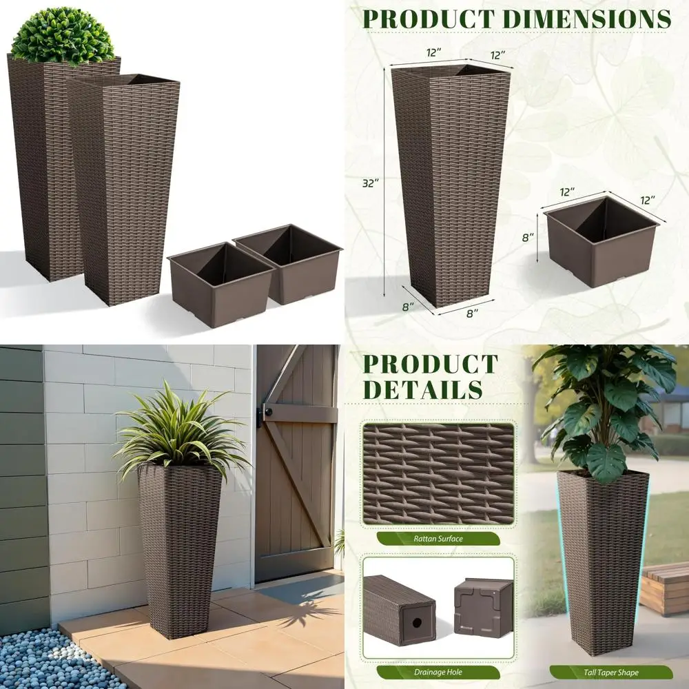 

JUMMICO Set of 2 Resin Rattan Tall Planters for Outdoor Plants, Large Tapered Planters with Drainage Holes&Inner Trays, Flower P