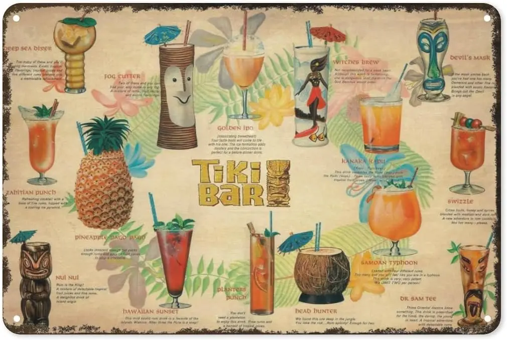 Vintage New Metal Poster Tiki Bar Summer Cocktail Menu Metal Tin Sign Retro Art House Cafe Shop Bar Restaurant Garage Fast Food