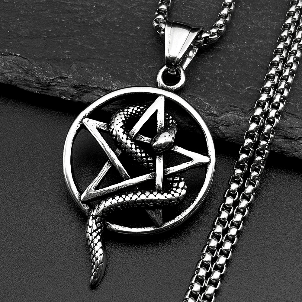 

Vintage Gothic Pentagram Snake Pendant Necklace for Women Men Stainless Steel Silver Color Star Charm Chain Necklaces Jewelry