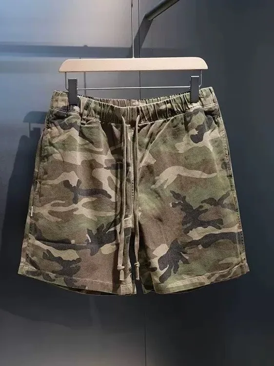 Washed Cotton Camouflage Shorts for Men Retro Straight Leg Drawstring Elastic Waist Casual Fashion Brand Five-Quarter Pants