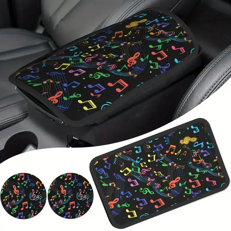 3pcs Black Background Music Notes Armrest Cup Holder Set Car Interior Additions And Decorations for Men And Women