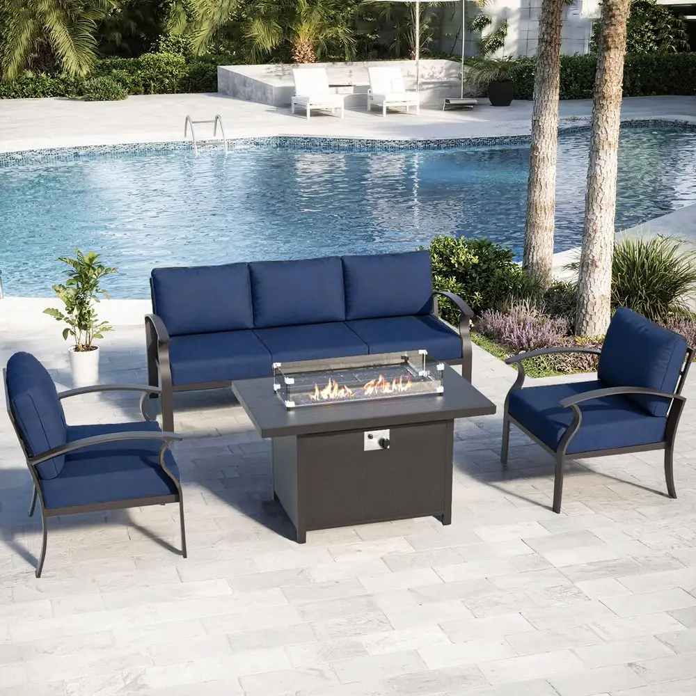 

Aluminum Patio Furniture Set with Propane Fire Pit Table 5seat Metal Outdoor Furniture w Fire Pit Sectional Sofas w 5.1 Cushion