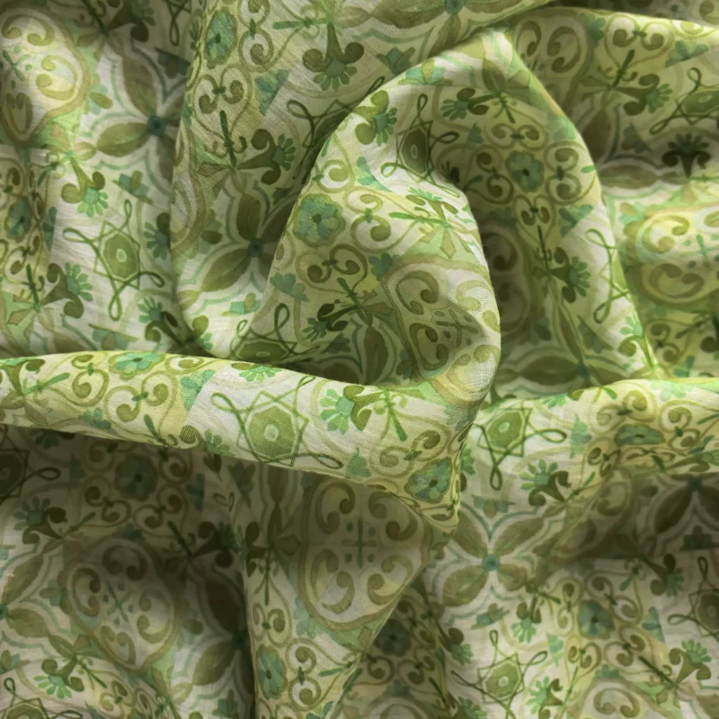 Green Printed Pure Ramie Fabric DIY Handmade Dress Tea Clothes Sewing Fabrics for Creative Crafts