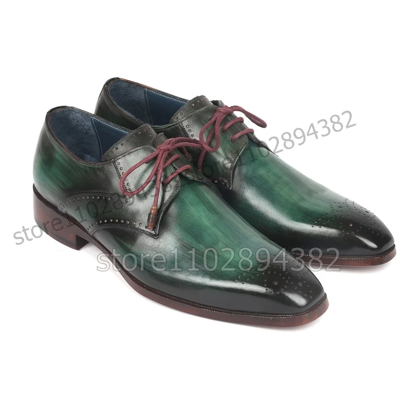 

Green Black Square Toe Breathable Men Derby Shoes Fashion Lace up Men Shoes Luxury Handmade Party Feast Banquet Men Dress Shoes